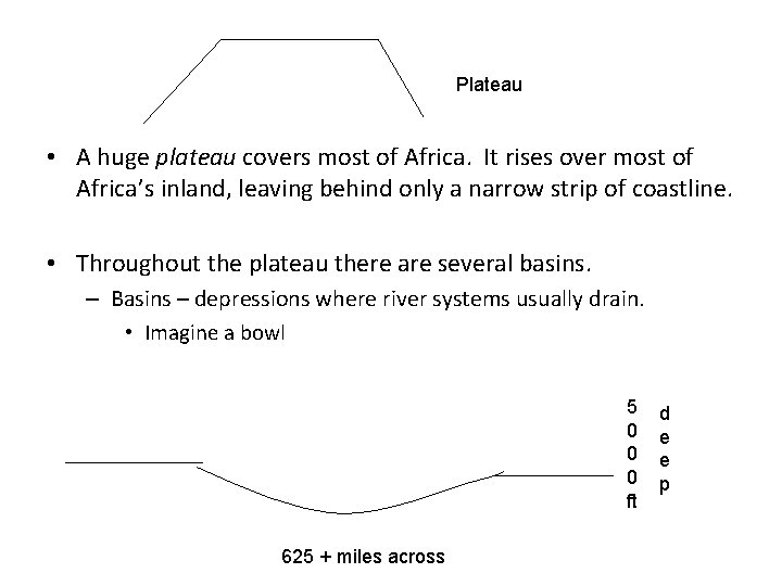 Plateau • A huge plateau covers most of Africa. It rises over most of