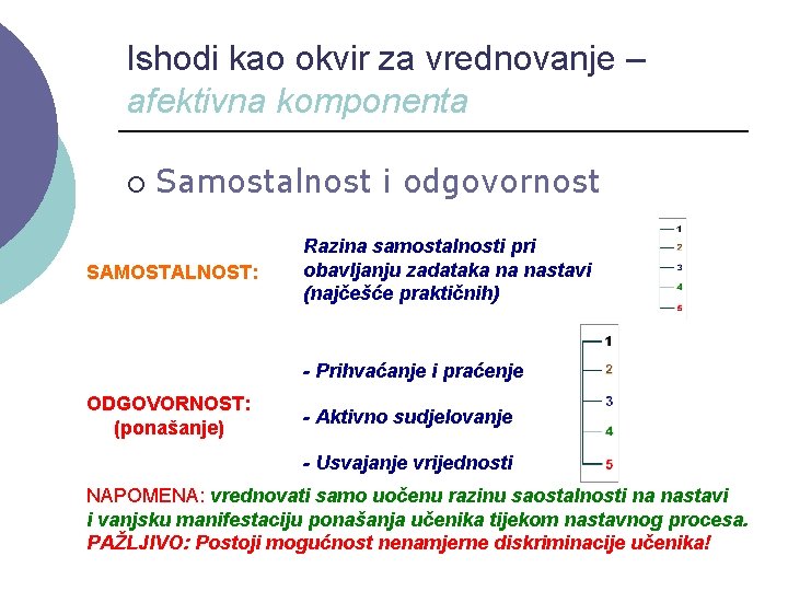 Ishodi kao okvir za vrednovanje – afektivna komponenta ¡ Samostalnost i odgovornost SAMOSTALNOST: Razina