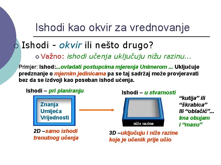 Ishodi kao okvir za vrednovanje ¡ Ishodi - okvir ili nešto drugo? ¡ Važno: