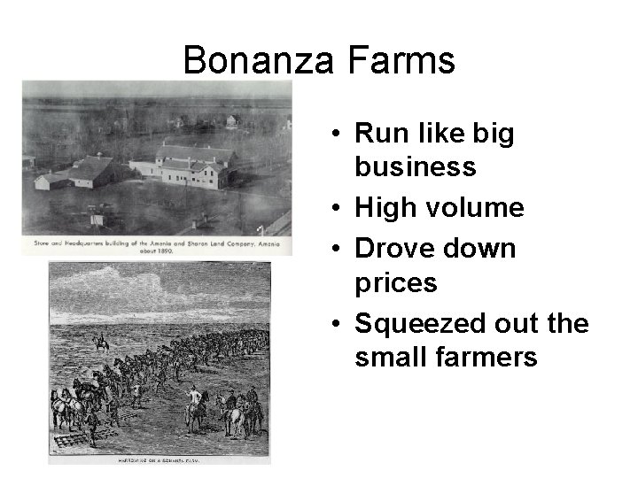 Bonanza Farms • Run like big business • High volume • Drove down prices Bonanza Farms • Run like big business • High volume • Drove down prices