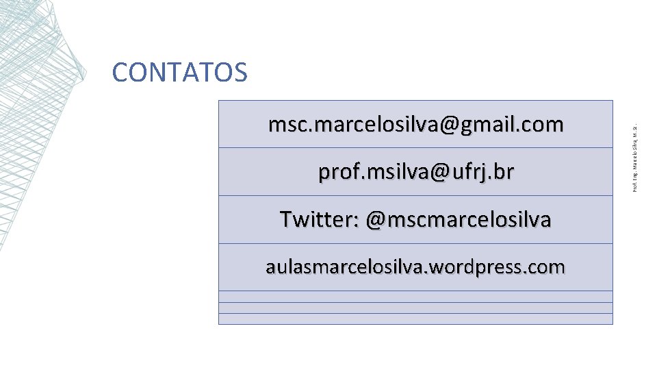 msc. marcelosilva@gmail. com prof. msilva@ufrj. br Twitter: @mscmarcelosilva aulasmarcelosilva. wordpress. com Prof. Eng. Marcelo