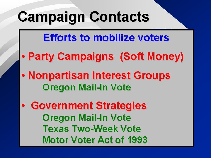 Campaign Contacts Efforts to mobilize voters • Party Campaigns (Soft Money) • Nonpartisan Interest