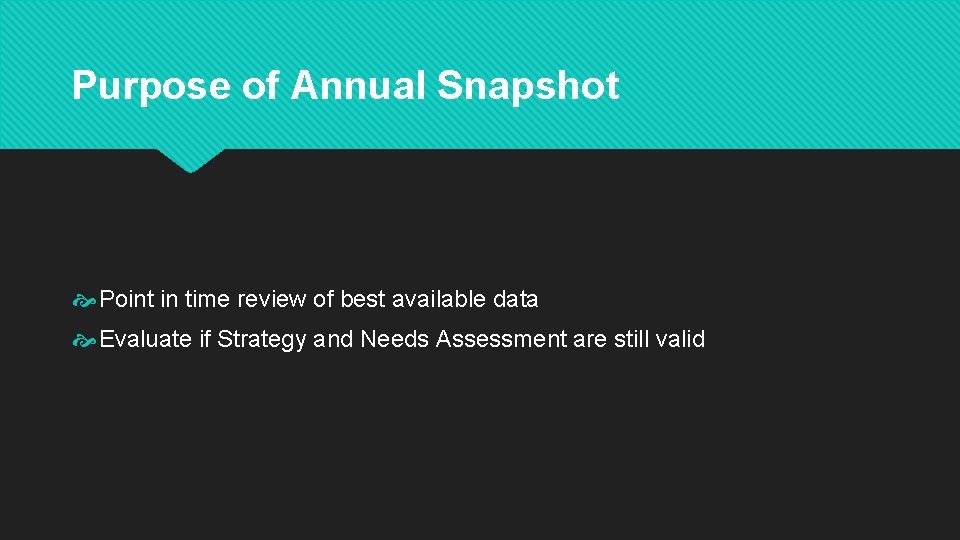 Purpose of Annual Snapshot Point in time review of best available data Evaluate if