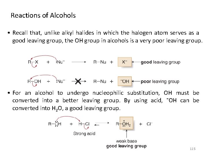 Reactions of Alcohols • Recall that, unlike alkyl halides in which the halogen atom