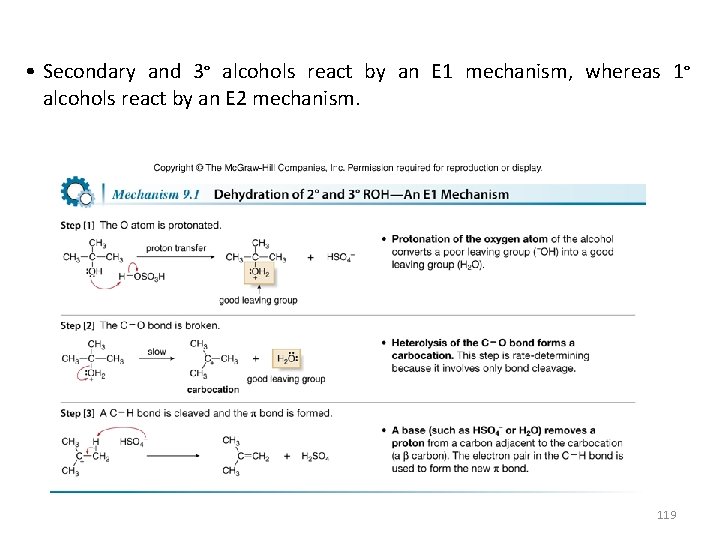  • Secondary and 3° alcohols react by an E 1 mechanism, whereas 1°