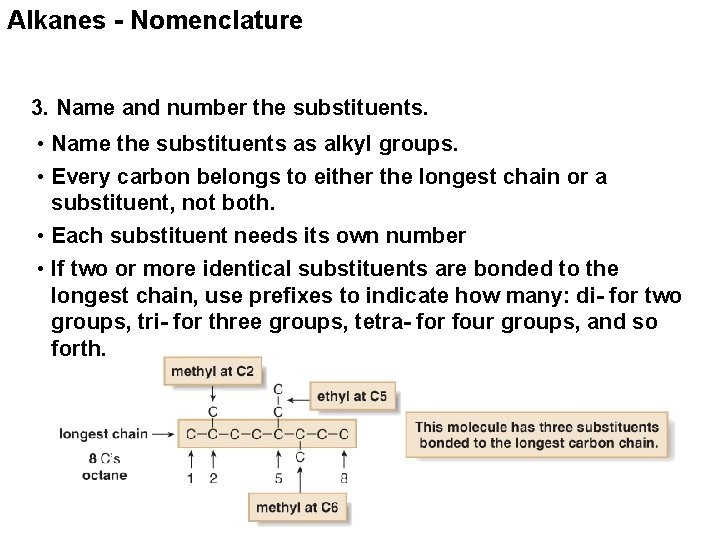 Alkanes - Nomenclature 3. Name and number the substituents. • Name the substituents as