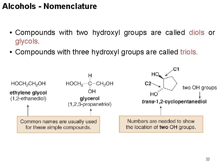 Alcohols - Nomenclature • Compounds with two hydroxyl groups are called diols or glycols.