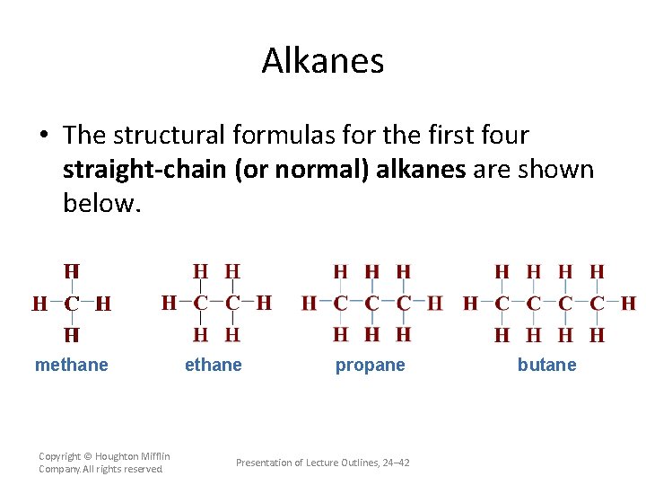 Alkanes • The structural formulas for the first four straight-chain (or normal) alkanes are