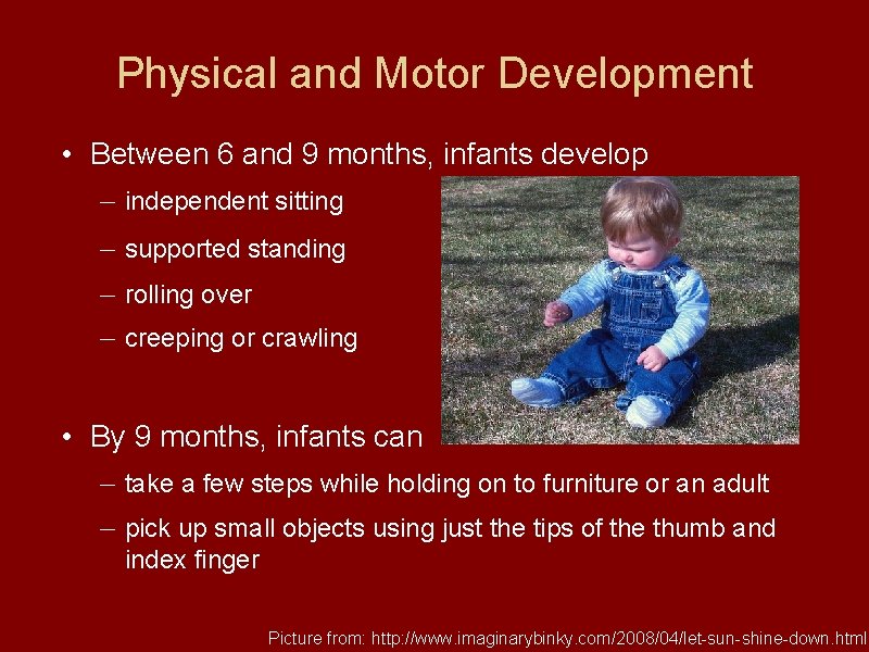 Physical and Motor Development • Between 6 and 9 months, infants develop — independent