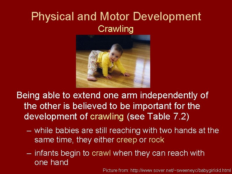 Physical and Motor Development Crawling Being able to extend one arm independently of the