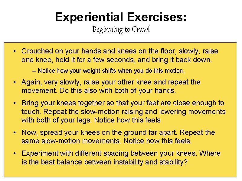 Experiential Exercises: Beginning to Crawl • Crouched on your hands and knees on the