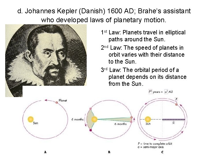 d. Johannes Kepler (Danish) 1600 AD; Brahe’s assistant who developed laws of planetary motion.