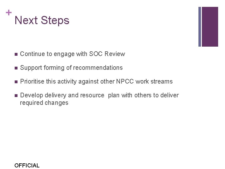 + Next Steps n Continue to engage with SOC Review n Support forming of