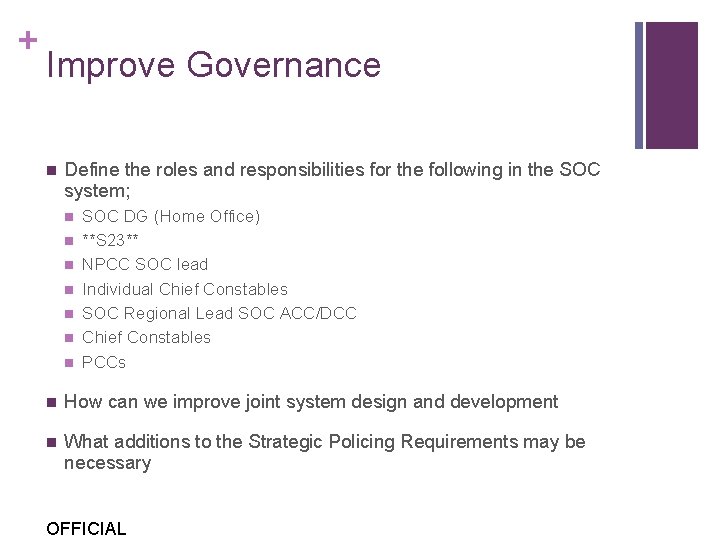 + Improve Governance n Define the roles and responsibilities for the following in the