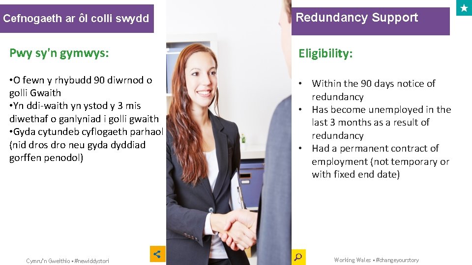 Cefnogaeth ar ôl colli swydd Redundancy Support Pwy sy'n gymwys: Eligibility: • O fewn