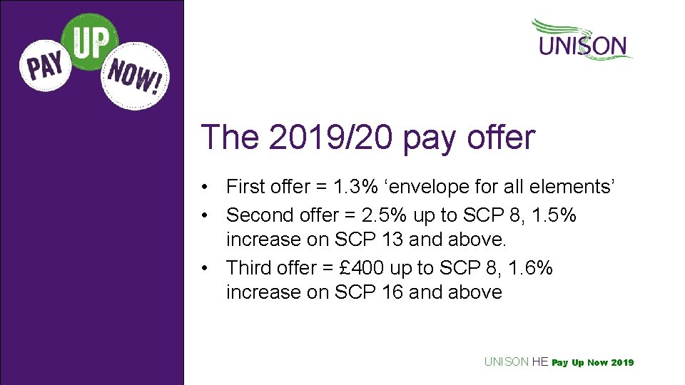 The 2019/20 pay offer • First offer = 1. 3% ‘envelope for all elements’