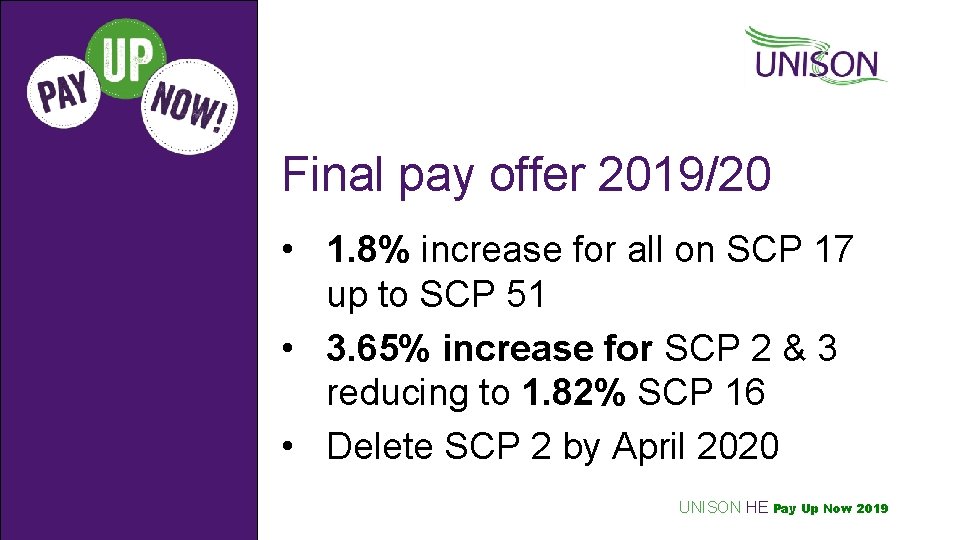 Final pay offer 2019/20 • 1. 8% increase for all on SCP 17 up