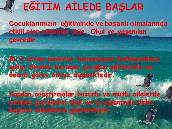 EĞİTİM AİLEDE BAŞLAR Çocuklarımızın eğitiminde ve başarılı olmalarında etkili olan ortamlar Aile, Okul ve