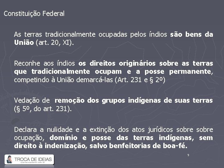 Constituição Federal As terras tradicionalmente ocupadas pelos índios são bens da União (art. 20,