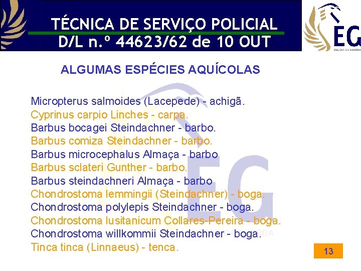TÉCNICA DE SERVIÇO POLICIAL D/L n. º 44623/62 de 10 OUT ALGUMAS ESPÉCIES AQUÍCOLAS