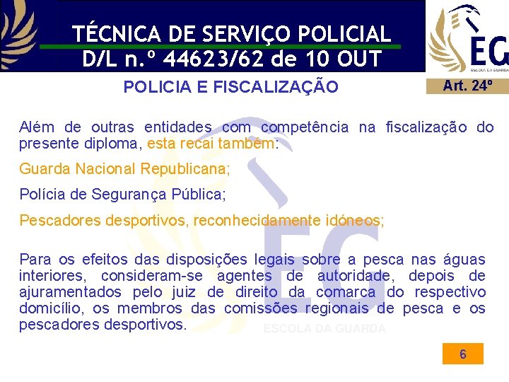 TÉCNICA DE SERVIÇO POLICIAL D/L n. º 44623/62 de 10 OUT POLICIA E FISCALIZAÇÃO