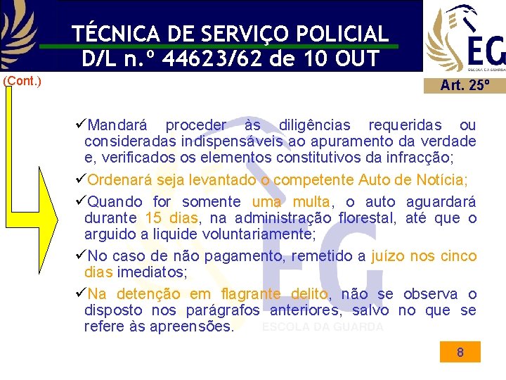 TÉCNICA DE SERVIÇO POLICIAL D/L n. º 44623/62 de 10 OUT (Cont. ) Art.