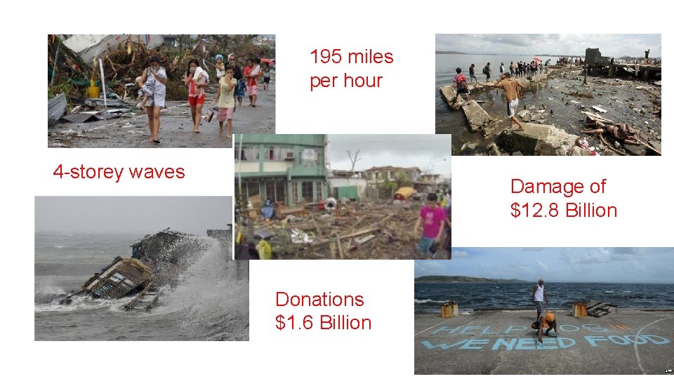 195 miles per hour 4 -storey waves Damage of $12. 8 Billion Donations $1.