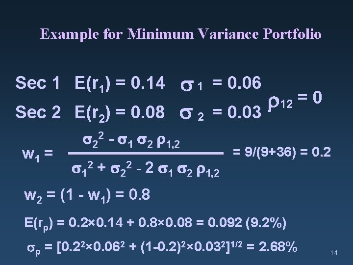 Example for Minimum Variance Portfolio 1 = 0. 06 12 = 0 Sec 2