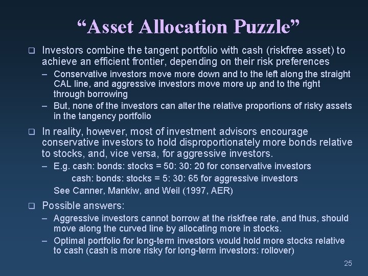“Asset Allocation Puzzle” q Investors combine the tangent portfolio with cash (riskfree asset) to