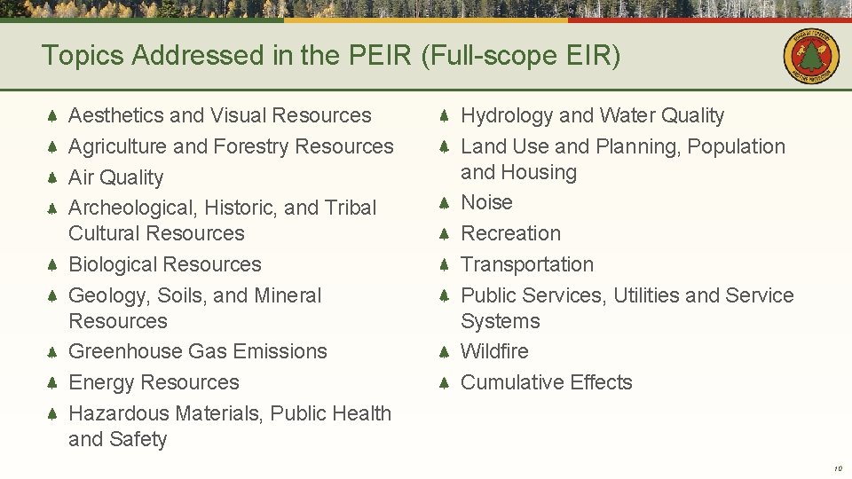 Topics Addressed in the PEIR (Full-scope EIR) Aesthetics and Visual Resources Agriculture and Forestry