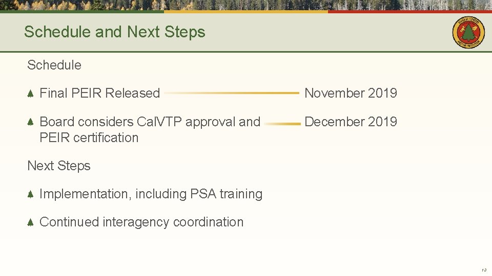 Schedule and Next Steps Schedule Final PEIR Released November 2019 Board considers Cal. VTP