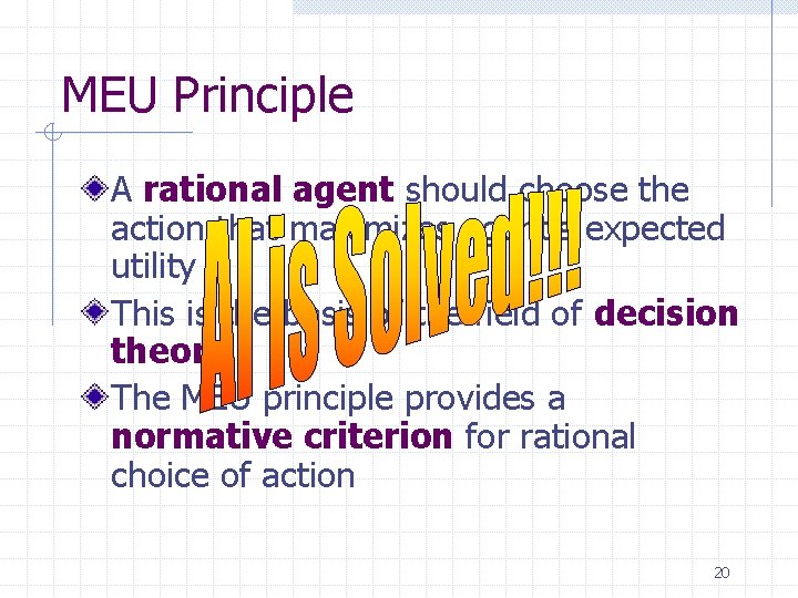 MEU Principle A rational agent should choose the action that maximizes agent’s expected utility