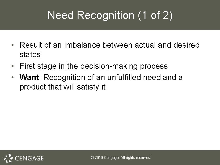 Need Recognition (1 of 2) • Result of an imbalance between actual and desired