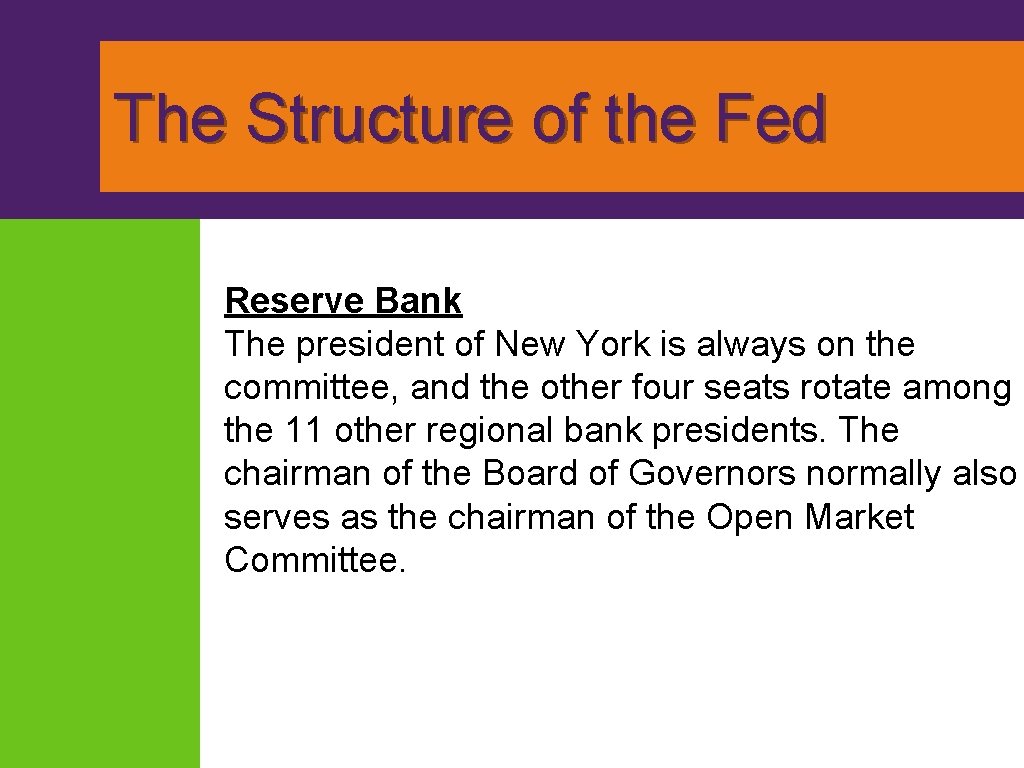 The Structure of the Fed Reserve Bank The president of New York is always