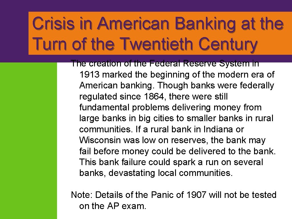 Crisis in American Banking at the Turn of the Twentieth Century The creation of