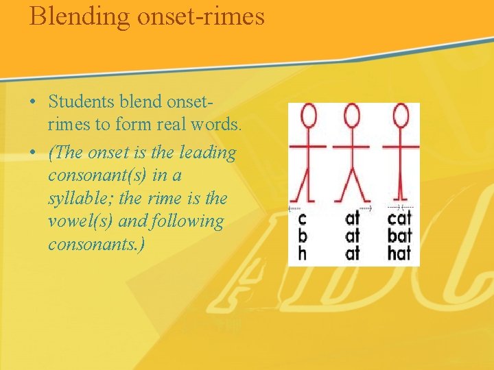 Blending onset-rimes • Students blend onsetrimes to form real words. • (The onset is