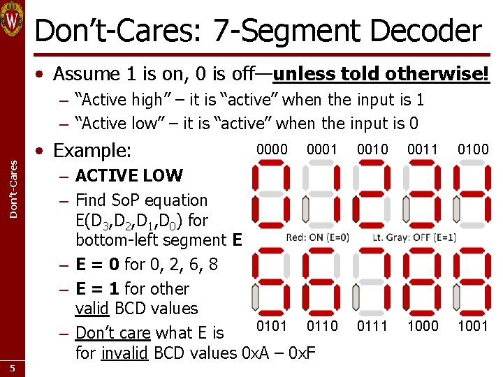 Don’t-Cares: 7 -Segment Decoder • Assume 1 is on, 0 is off—unless told otherwise!