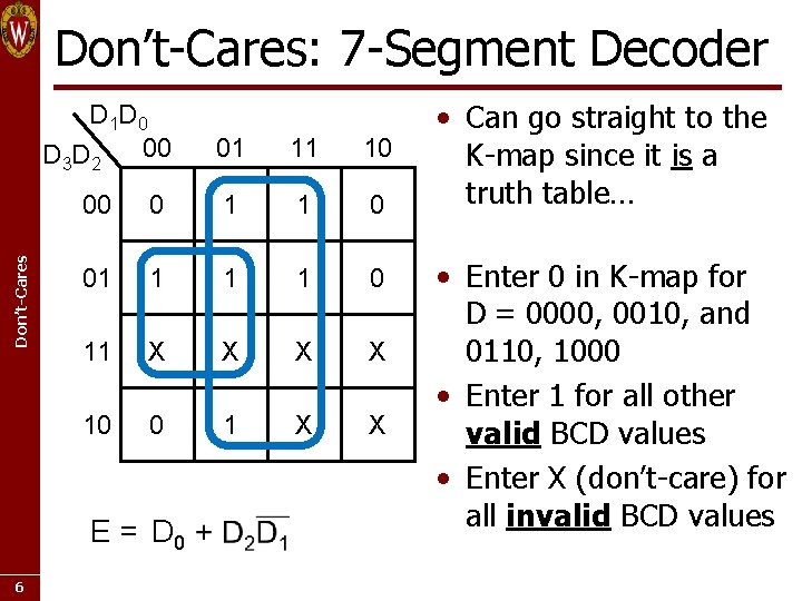 Don’t-Cares: 7 -Segment Decoder Don’t-Cares D 1 D 0 00 D 3 D 2