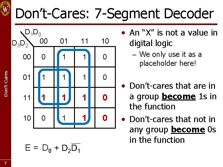 Don’t-Cares: 7 -Segment Decoder Don’t-Cares D 1 D 0 00 D 3 D 2