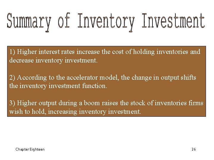 1) Higher interest rates increase the cost of holding inventories and decrease inventory investment.