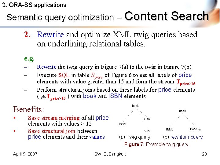 3. ORA-SS applications Semantic query optimization – Content Search 2. Rewrite and optimize XML