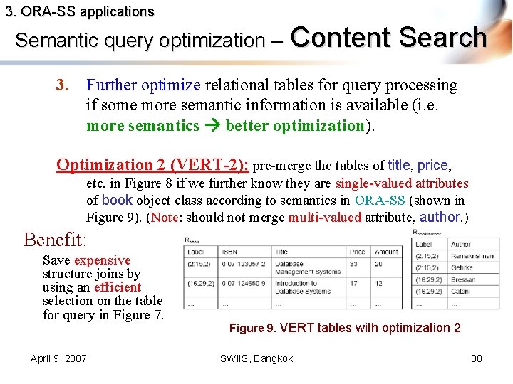 3. ORA-SS applications Semantic query optimization – 3. Content Search Further optimize relational tables