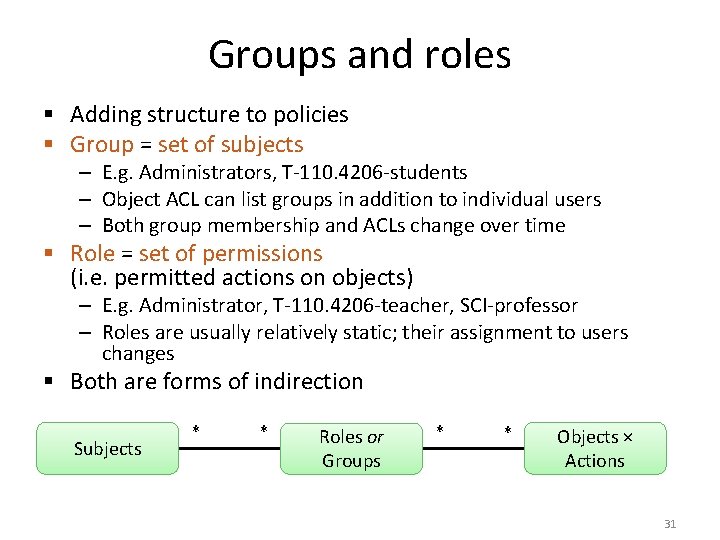 Groups and roles § Adding structure to policies § Group = set of subjects