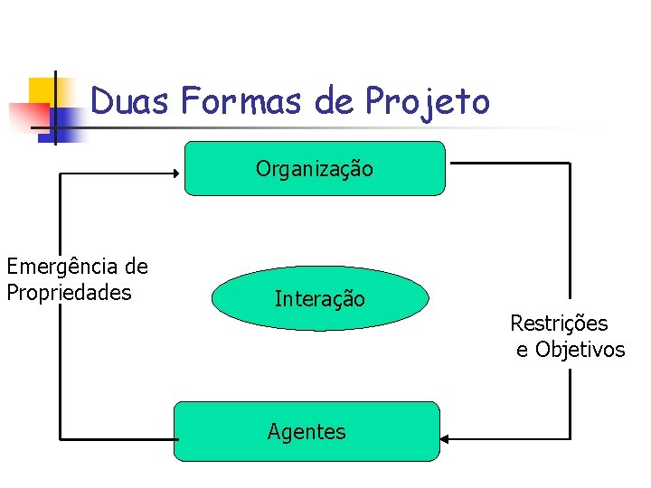 Duas Formas de Projeto Organização Emergência de Propriedades Interação Agentes Restrições e Objetivos 