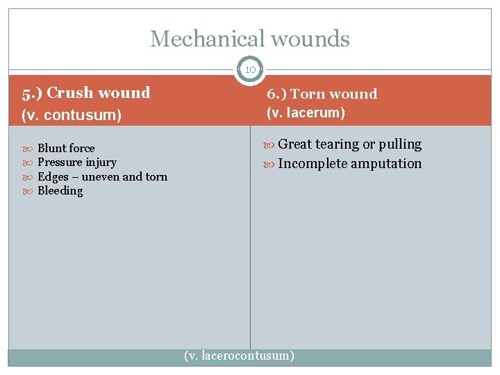 Mechanical wounds 10 5. ) Crush wound (v. contusum) Blunt force Pressure injury Edges