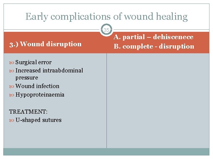 Early complications of wound healing 35 3. ) Wound disruption Surgical error Increased intraabdominal