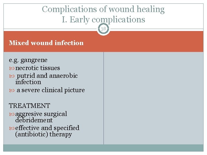 Complications of wound healing I. Early complications 38 Mixed wound infection e. g. gangrene
