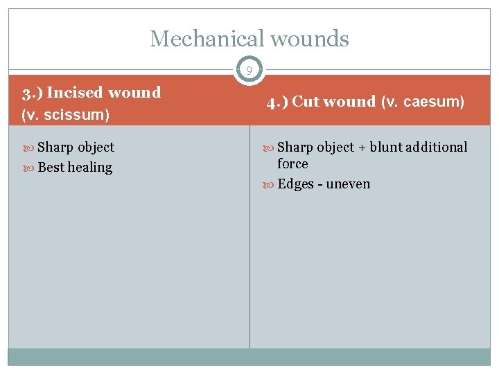 Mechanical wounds 9 3. ) Incised wound (v. scissum) 4. ) Cut wound (v.