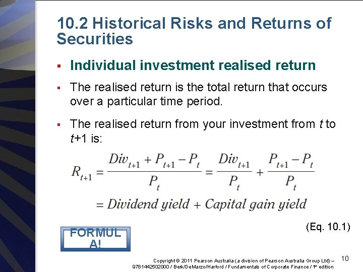 10. 2 Historical Risks and Returns of Securities § Individual investment realised return §