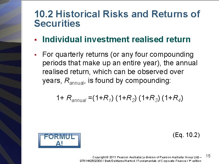 10. 2 Historical Risks and Returns of Securities § Individual investment realised return §